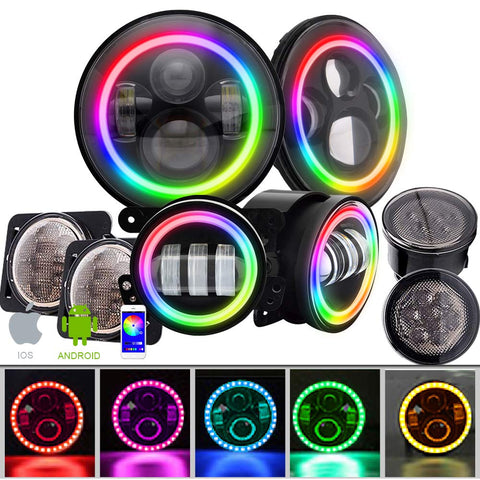 T-Former DOT 7 Inch LED RGB Halo Headlights w/ 4 '' Halo Fog Lights Color Angel